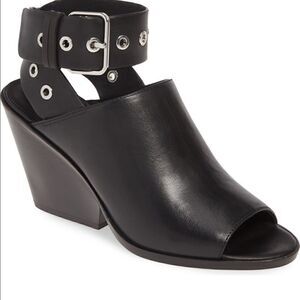 AllSaints Black Leather Peep-Toe Ankle-Wrap Wedge Sandals